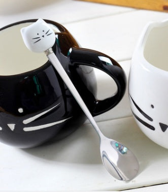 Black and white cat stainless steel spoon cartoon cat porcelain handle spoon