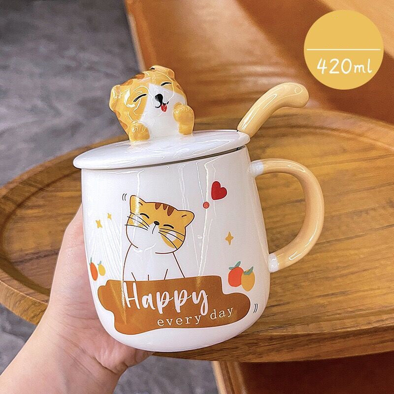 Cartoon Cat Mug With Lid Spoon Cute Ceramic