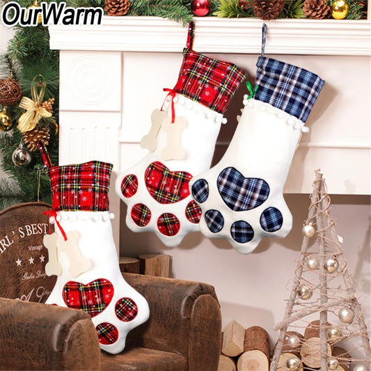 OurWarm Plaid Christmas Stocking New Year Gift Bag for Pet Cat Christmas Goods Xmas Tree Hanging Ornaments navidad