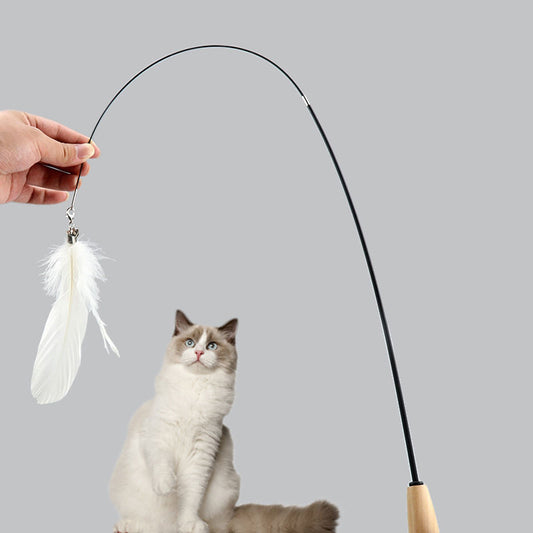 New Cat Products Wood Handle Carbon Fiber Rod Two Section Telescopic Cat Stick Monochrome Feather Bell Cat Toy