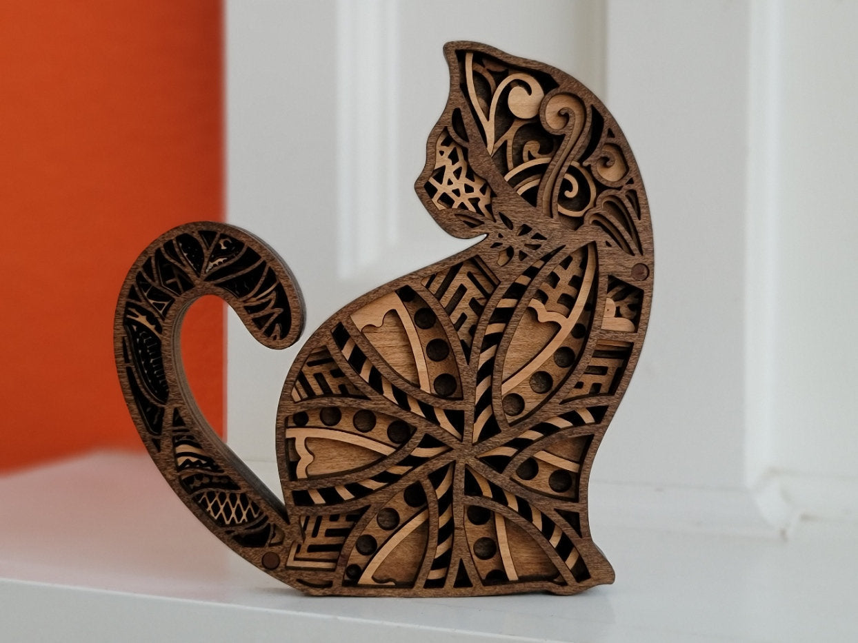 Wood Cat Figurine Handcrafted Cat Sculpture