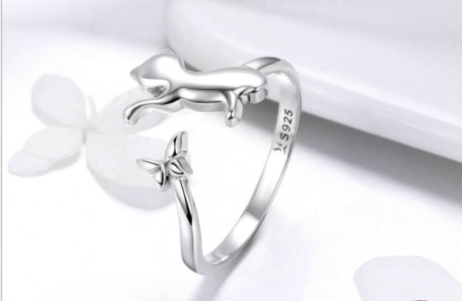 Wish Hot Sale Ring S925 Silver Sterling Silver Ladies Cute Cat Korean Fashion Earrings Ring Jewelry Set