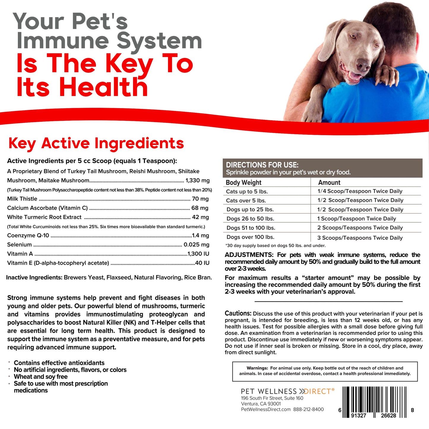 Critical Immune Defense for Dogs & Cats; Supports Normal Cell Growth - Turkey Tail, Reishi, Shiitake and Maitake Mushroom Formula with Patented White Turmeric Root Extract - 30-Day Supply