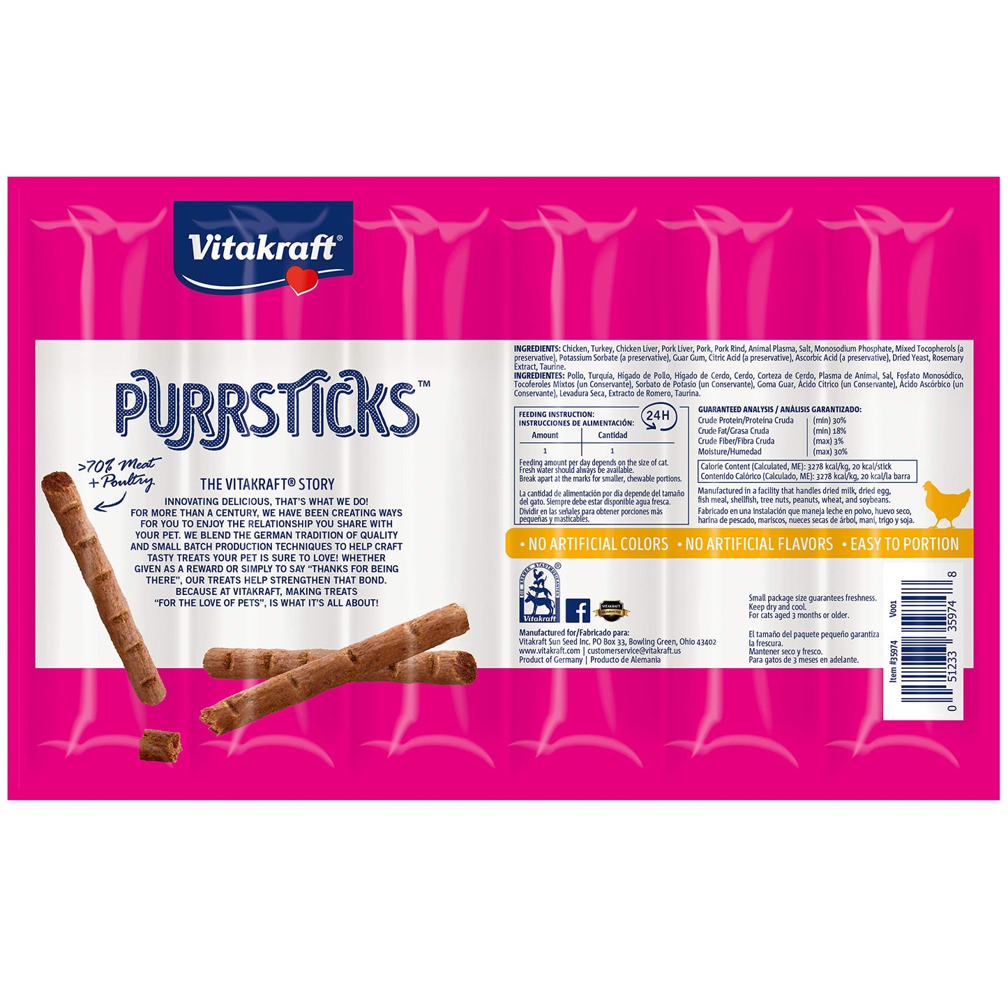 Vitakraft PurrSticks Meaty Cat Sticks - Chicken - Segmented and Breakable Meatstick - Deliciously Tender