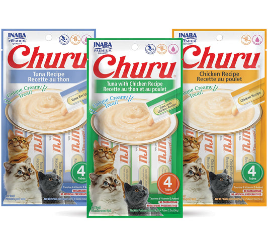 INABA Churu Lickable Purée Natural Cat Treats Tuna & Chicken 3 Flavor Assortment of 12 Tubes