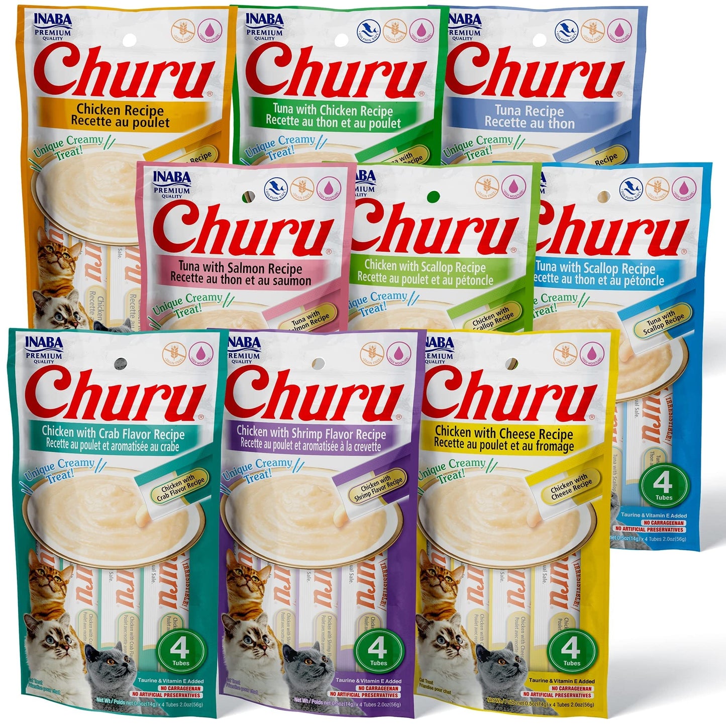 INABA Churu Cat Treats, Grain-Free, Lickable, Squeezable Creamy Purée Cat Treat/Topper with Vitamin E & Taurine, 0.5 Ounces Each Tube, 36 Tubes (4 per Pack), 9 Flavor Variety