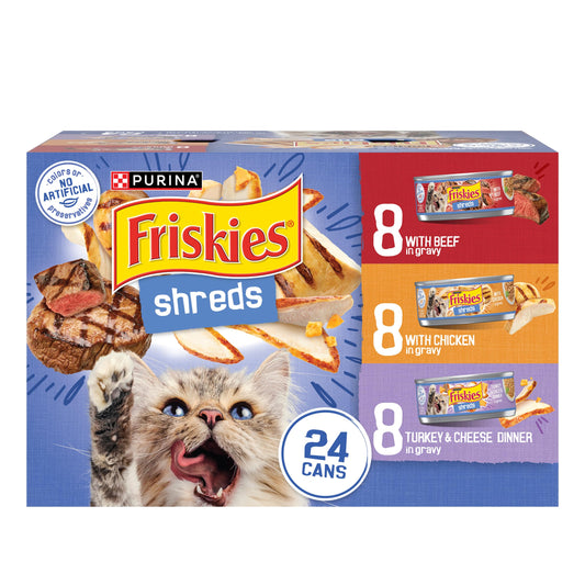 Purina Friskies Gravy Wet Cat Food Variety Pack, Shreds With Beef, With Chicken, and Turkey and Cheese Dinner - (Pack of 24) 5.5 oz. Cans