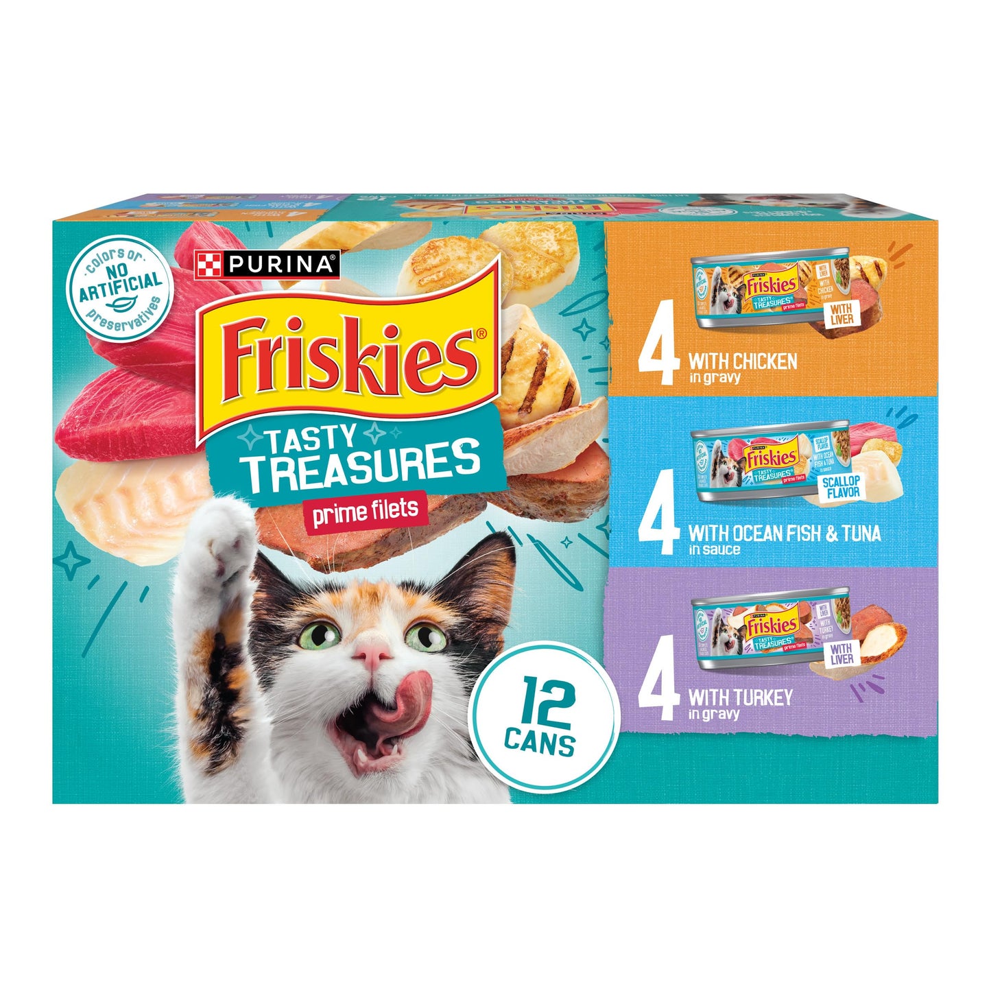 Purina Friskies Wet Cat Food Variety Pack, Tasty Treasures Prime Filets (With Ocean Fish and Tuna, With Chicken and With Turkey) - (Pack of 12) 5.5 oz. Cans