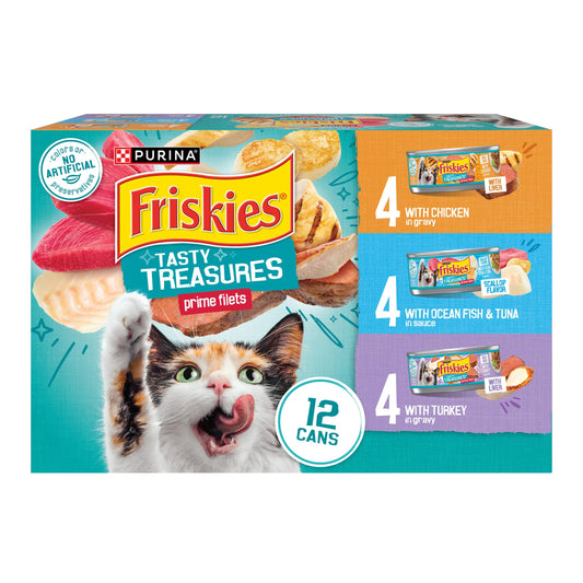 Purina Friskies Wet Cat Food Variety Pack, Tasty Treasures Prime Filets (With Ocean Fish and Tuna, With Chicken and With Turkey) - (Pack of 12) 5.5 oz. Cans