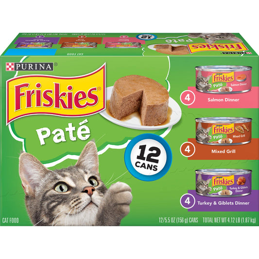 Purina Friskies Wet Cat Food Pate Variety Pack Salmon Dinner, Turkey and Giblets Dinner and Mixed Grill - (2 Packs of 12) 5.5 oz. Cans