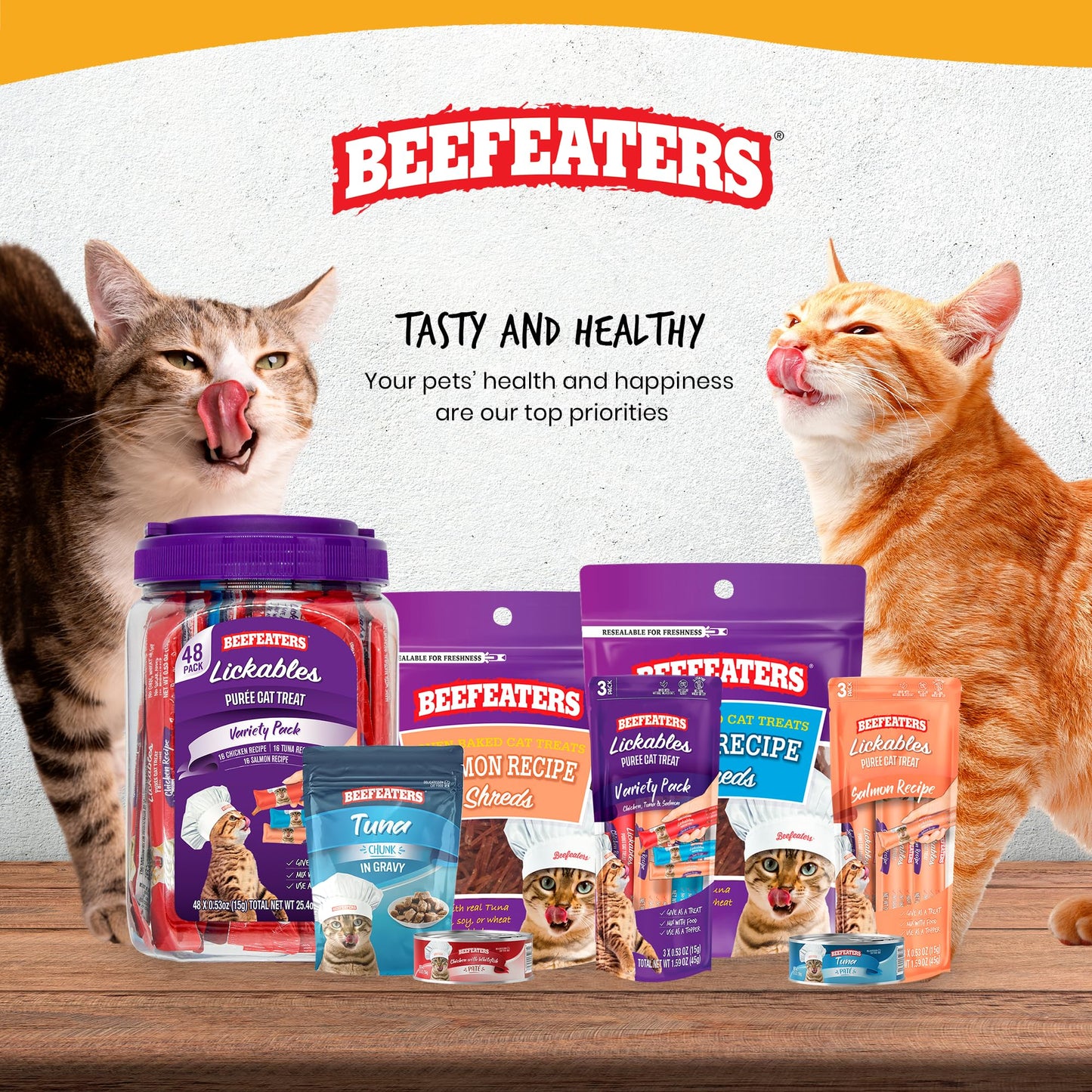 Beefeaters Cat Treats - Variety Pack Lickable Puree 48ct | Cat Food Salmon, Tuna, Chicken | Grain-Free, Taurine-Enriched | Training Treats - Interactive Feeding | Wet/Dry Food