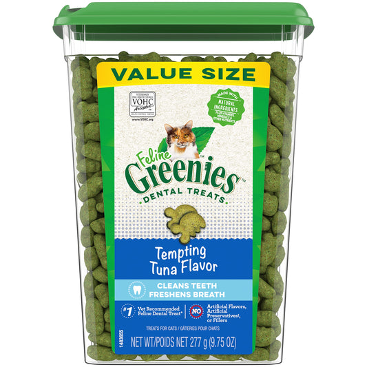 Greenies Feline Adult Dental Cat Treats, Tempting Tuna Flavor, 9.75 oz. Tub