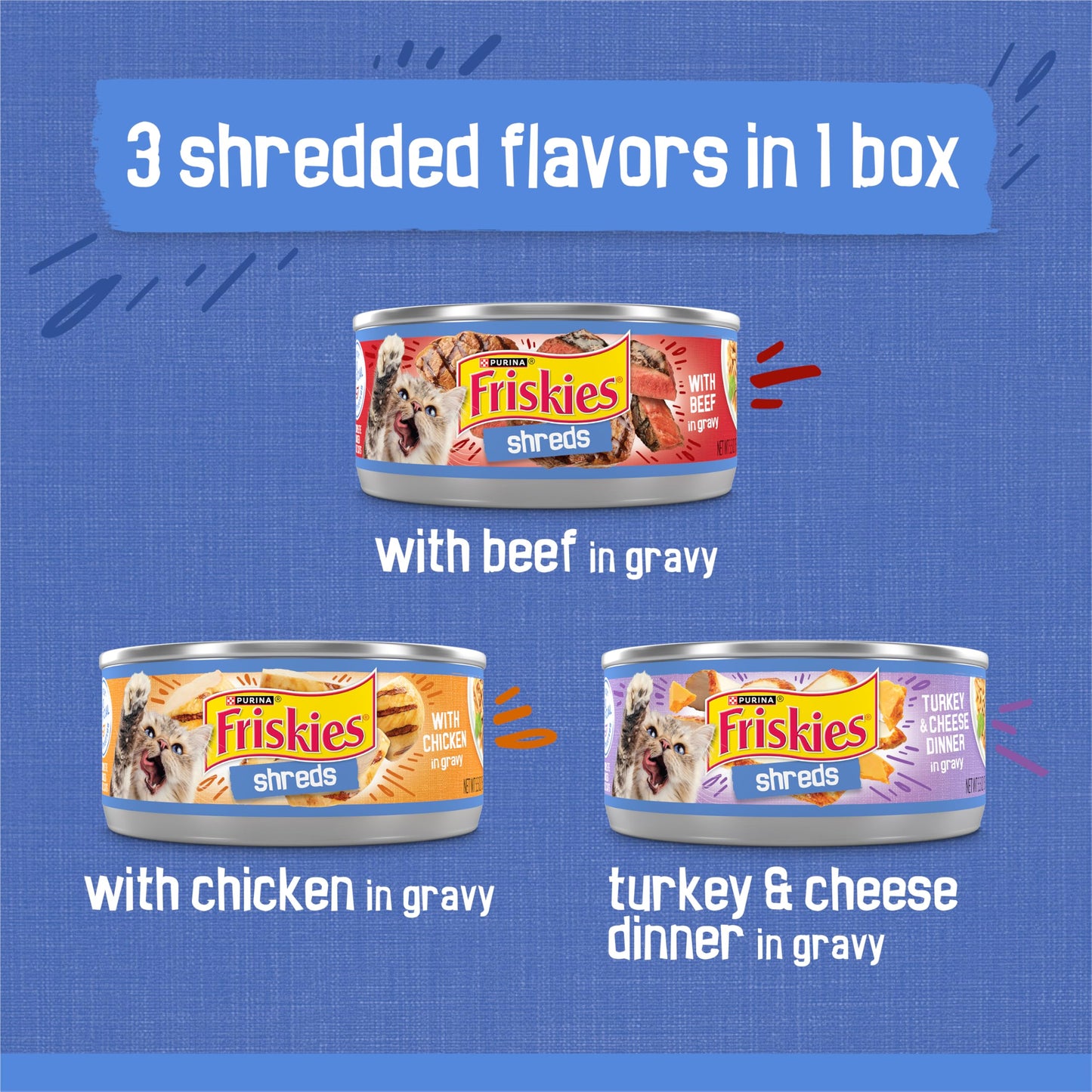 Purina Friskies Gravy Wet Cat Food Variety Pack, Shreds With Beef, With Chicken, and Turkey and Cheese Dinner - (Pack of 24) 5.5 oz. Cans