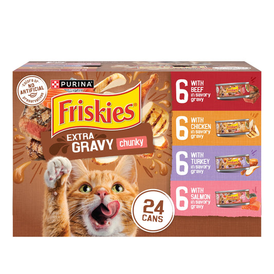 Purina Friskies Extra Gravy Wet Cat Food Chunky 24ct Variety Pack (With Chicken, Turkey, Salmon, Beef) - (Pack of 24) 5.5 oz. Cans