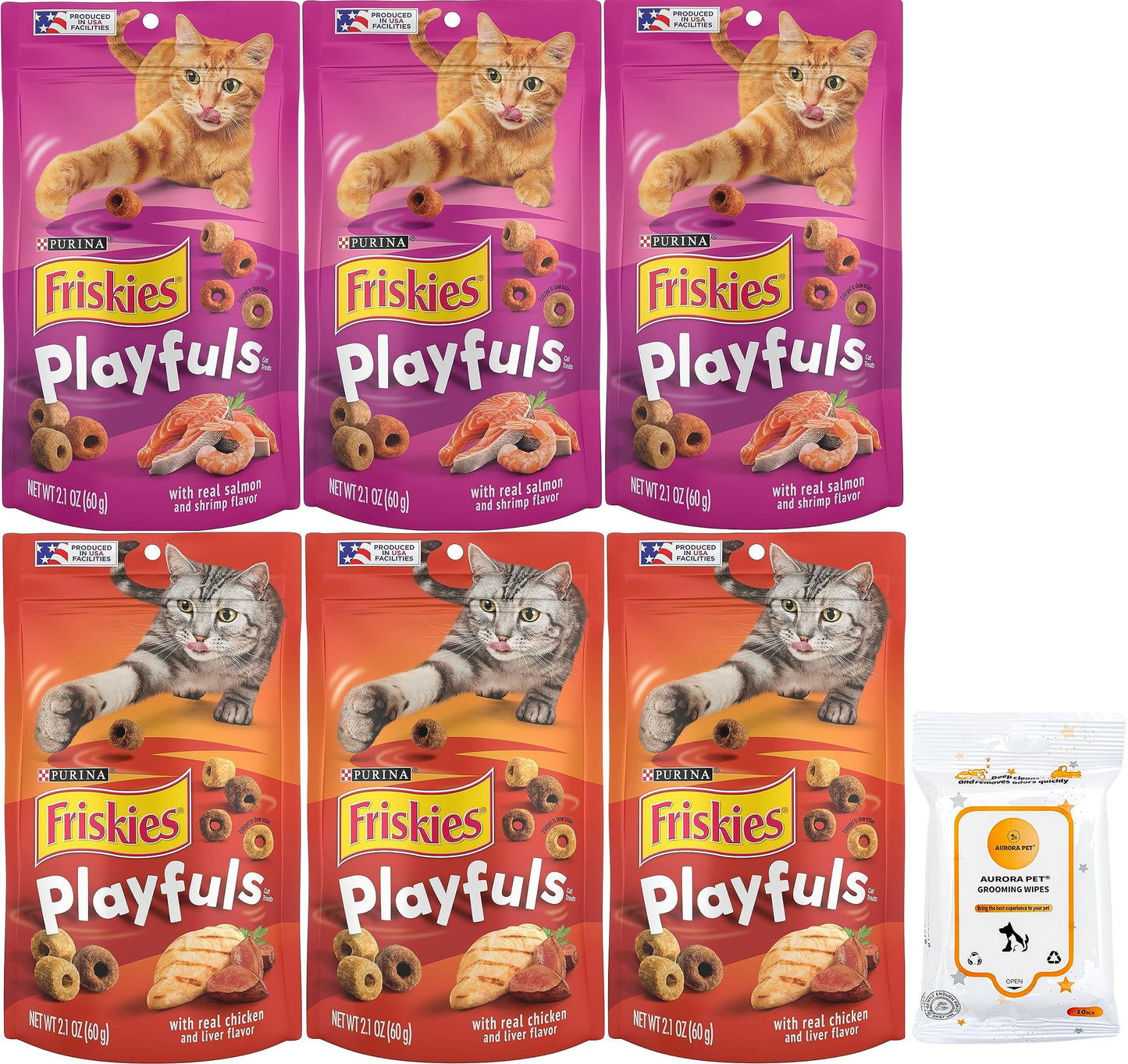 Aurora Pet Variety Pack (6) Friskies Playfuls Crunchy Cat Treats (3) Salmon & Shrimp (3) Chicken & Liver (2.1-oz Each) with AuroraPet Wipes