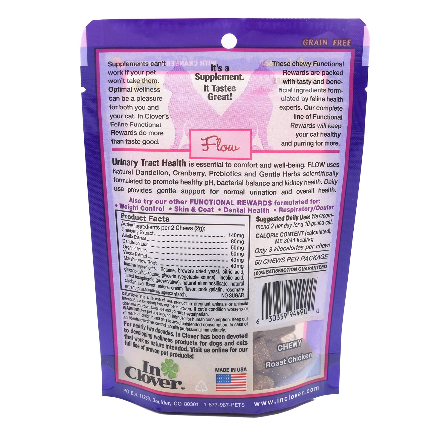 In Clover Flow Soft Chews for Daily Support for UT Health in Cats, Scientifically Formulated with Natural Ingredients for a Healthy Urinary Tract. 2.1oz. (60gm)