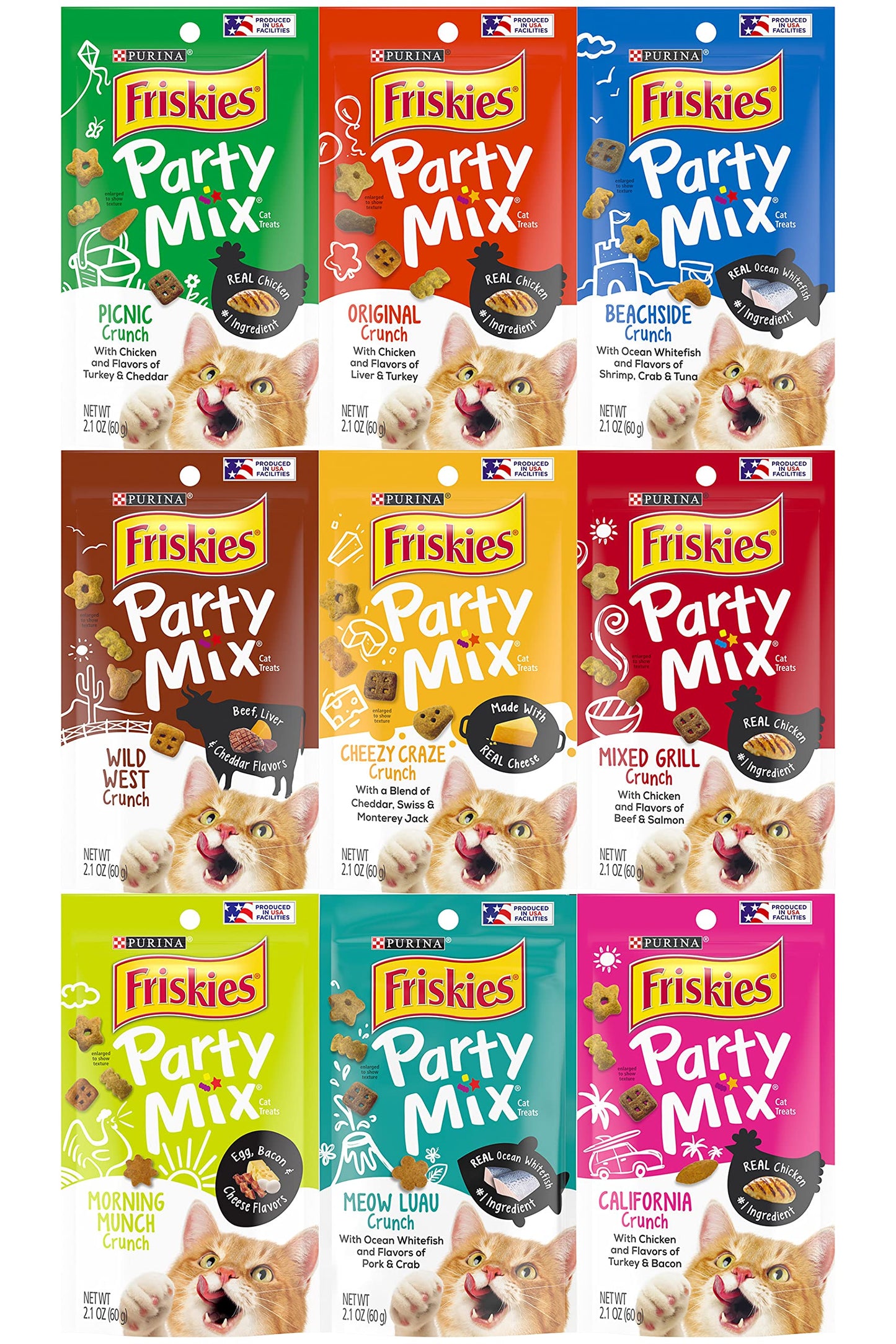 Friskies Party Mix Crunch Variety Pack (9 Flavors) - Wild West, Morning Munch, Mixed Grill, Picnic, Beachside, Cheezy Craze, Original, California Dreamin', and Meow Luau