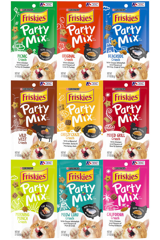 Friskies Party Mix Crunch Variety Pack (9 Flavors) - Wild West, Morning Munch, Mixed Grill, Picnic, Beachside, Cheezy Craze, Original, California Dreamin', and Meow Luau