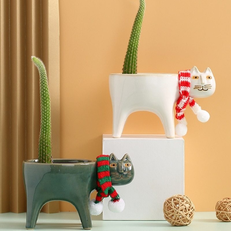 Desktop Cute Ceramic Cat Cactus Flower Pot