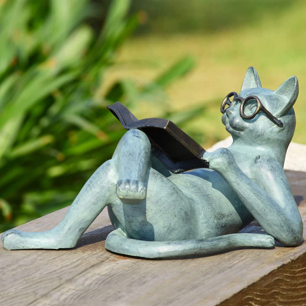 Garden Resin Craft Sculpture Literature Cat Reading Book