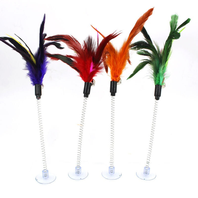 Suction cup, spring, chicken feather, cat teaser stick, swaying, self elevating tool, cat toy with sounding bell