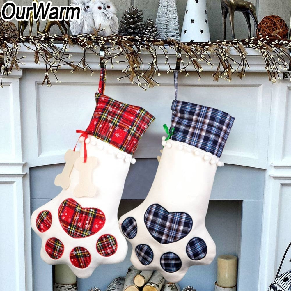 OurWarm Plaid Christmas Stocking New Year Gift Bag for Pet Cat Christmas Goods Xmas Tree Hanging Ornaments navidad