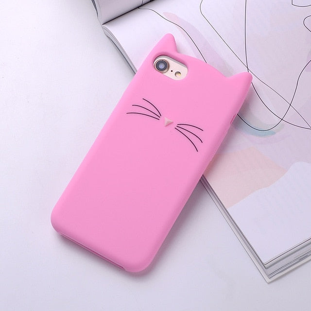 Cute 3D Silicone Cartoon Cat Pink Black Soft Phone Case Cover Coque Fundas For iPhone 7 7Plus 6 6S 5S SE X XS Max