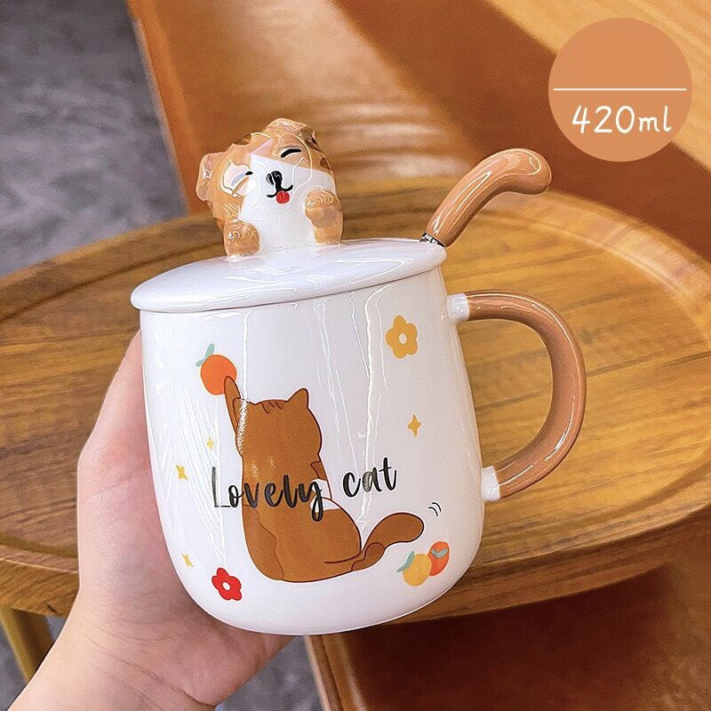 Cartoon Cat Mug With Lid Spoon Cute Ceramic