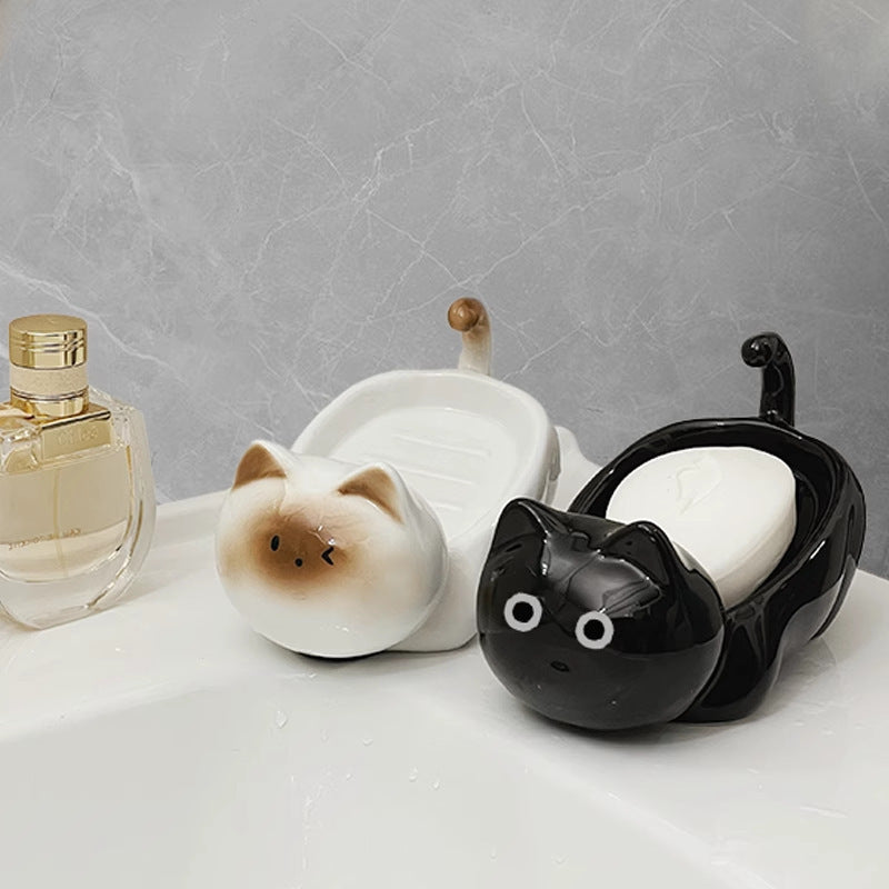 Cat Ceramic Soap Dish Water Storage Platform