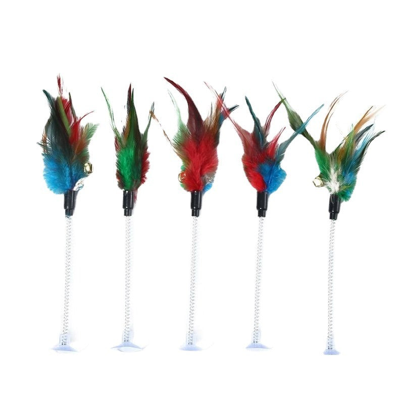 Suction cup, spring, chicken feather, cat teaser stick, swaying, self elevating tool, cat toy with sounding bell