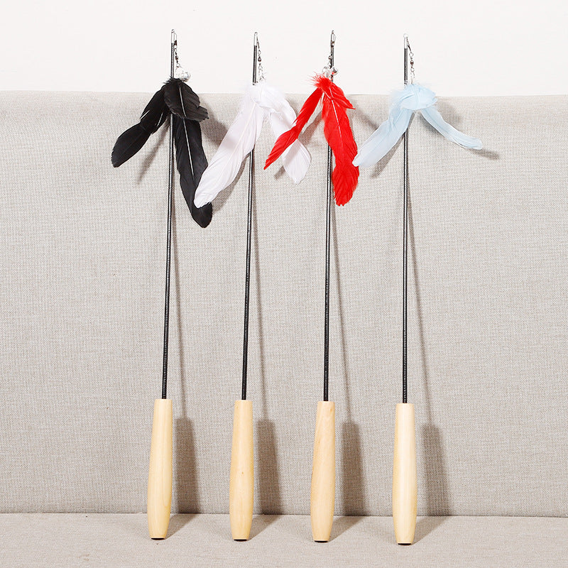 New Cat Products Wood Handle Carbon Fiber Rod Two Section Telescopic Cat Stick Monochrome Feather Bell Cat Toy