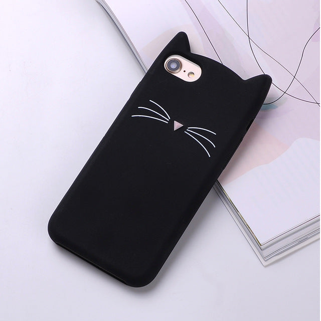 Cute 3D Silicone Cartoon Cat Pink Black Soft Phone Case Cover Coque Fundas For iPhone 7 7Plus 6 6S 5S SE X XS Max