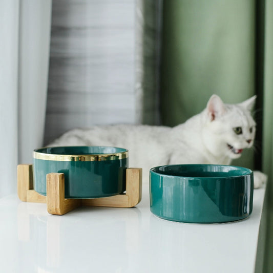 Cat Dog Feeders Bowl Ceramic Tableware Bowls Pet Food Water Bowl Bamboo Frame Antiskid Pet Supplies Dog Cat Feeding Bowl