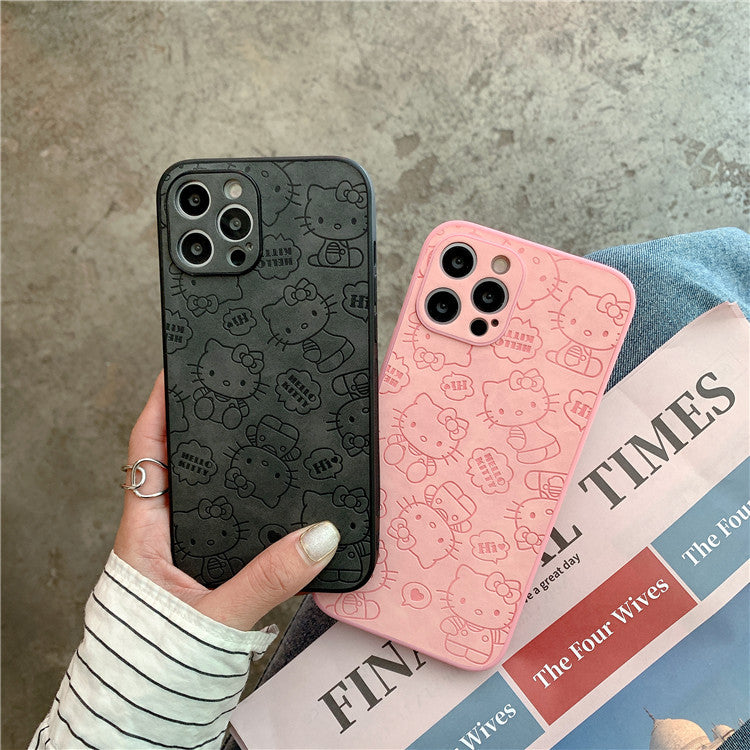 Cute cartoon kitty cat is suitable for Apple xsmax/12pro mobile phone cover leather texture iPhone11 pressed leather soft case