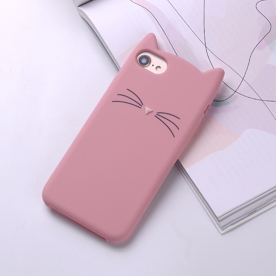 Cute 3D Silicone Cartoon Cat Pink Black Soft Phone Case Cover Coque Fundas For iPhone 7 7Plus 6 6S 5S SE X XS Max