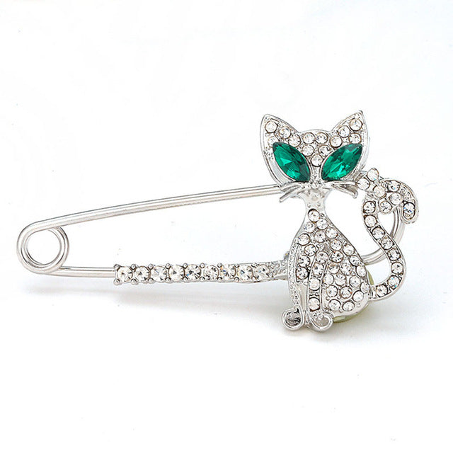 Rhinestone Crystal Green-eyes Cat Brooch Pin