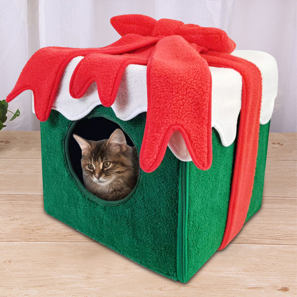 New Detachable Christmas Gift Box Shape Cat Litter Autumn And Winter Warm Detachable And Washable Plush Large Space Cotton Nest