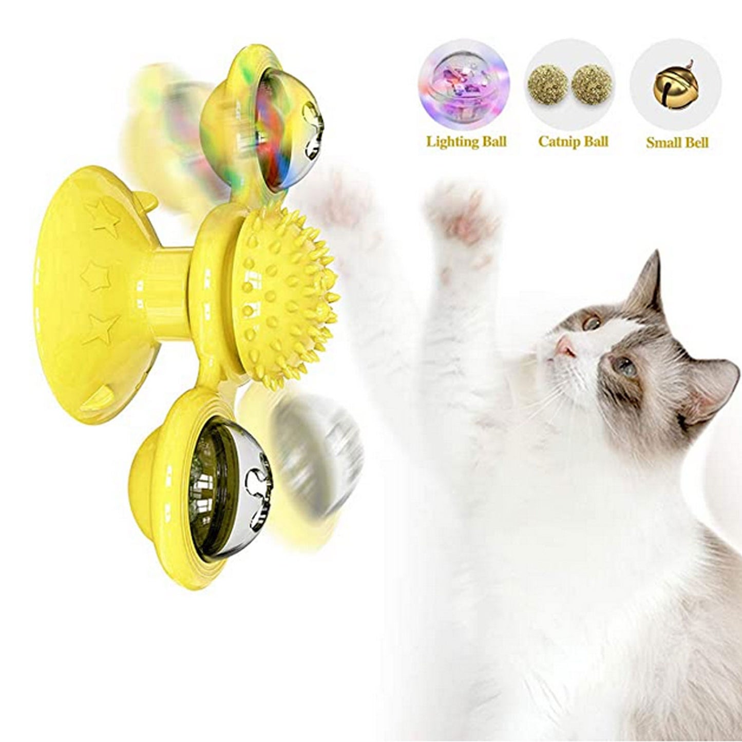 Behogar Funny Rotation Windmill Pet Cat Chewing Interactive Toy with Suction Cup Hair Massager LED Catnip Ball