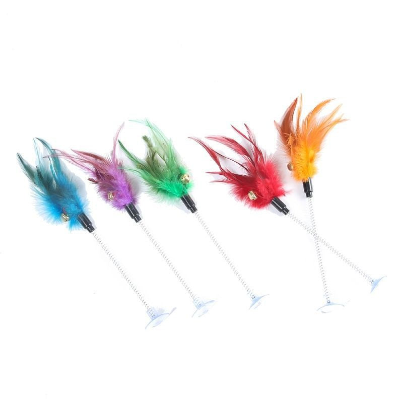 Suction cup, spring, chicken feather, cat teaser stick, swaying, self elevating tool, cat toy with sounding bell