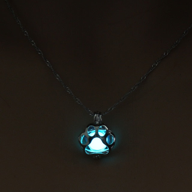 Glow In The Dark Necklace Metal Pet Cat Necklaces For Woman Animal Dog Paw Necklace Hollow Pendant Night luminous Light