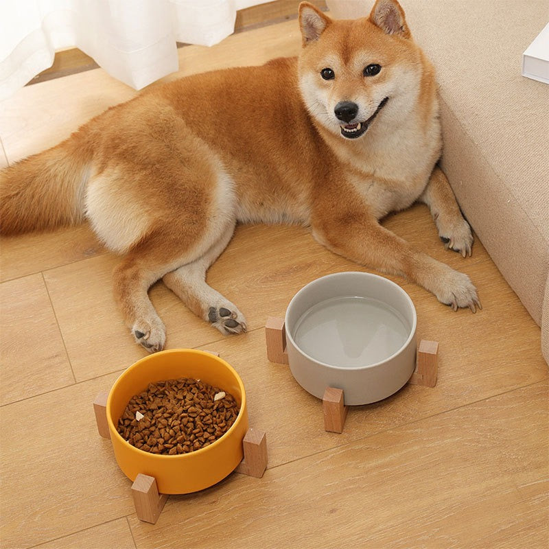 New Cute Pet Cat Bowl Cat Bowl Ceramic Bowl Drinking Feeding Non-Slip With a Wooden Frame To Prevent Knocking Over