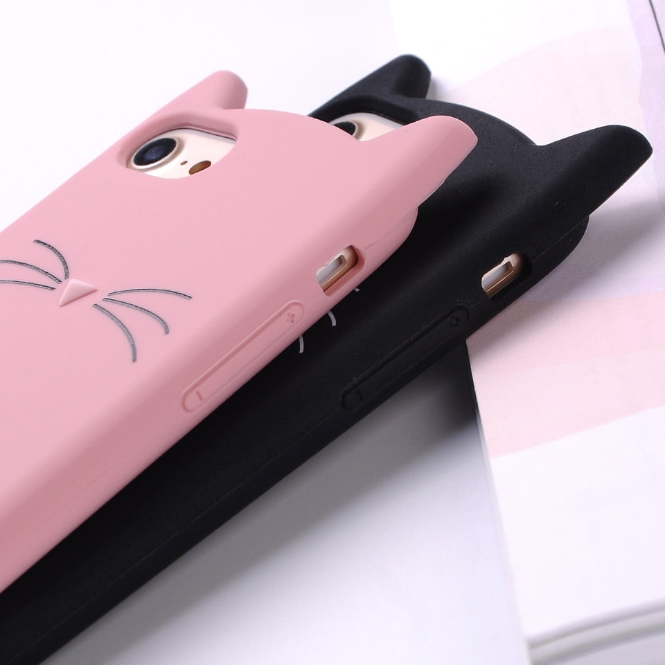 Cute 3D Silicone Cartoon Cat Pink Black Soft Phone Case Cover Coque Fundas For iPhone 7 7Plus 6 6S 5S SE X XS Max