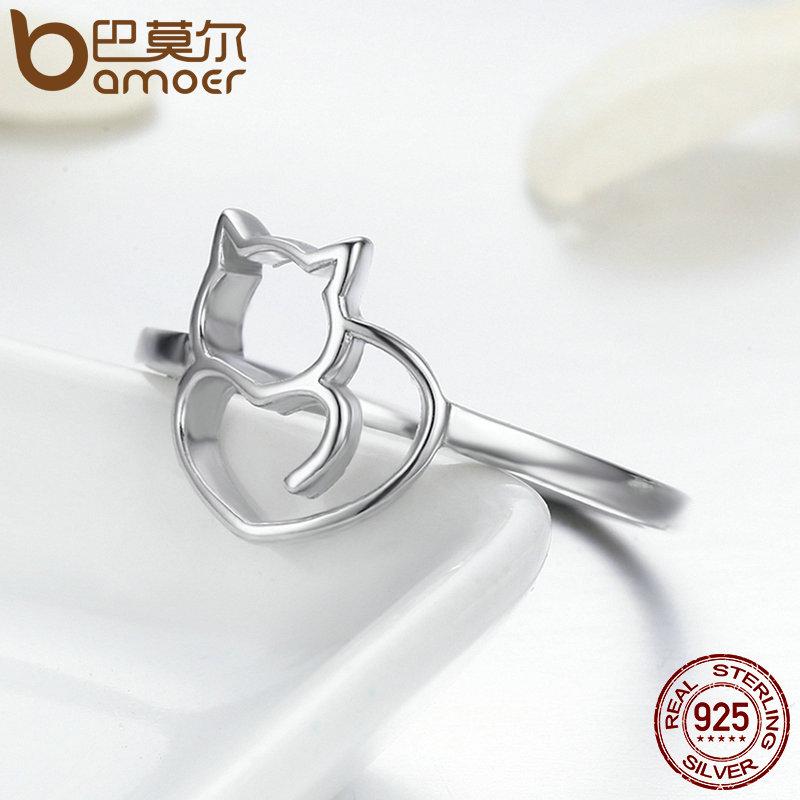 BAMOER 925 Sterling Silver Naughty Little Cat & Heart Finger Ring SCR104