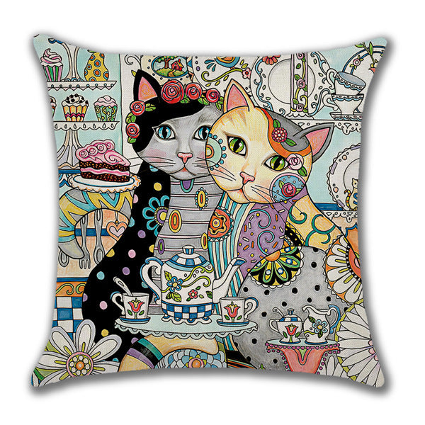 Linen Home Cartoon Cat Printed Animal Pillow Cover