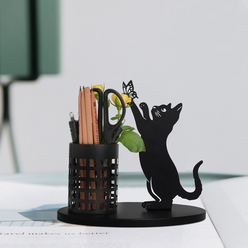 Black Metal Cat Squirrel Pen Holder