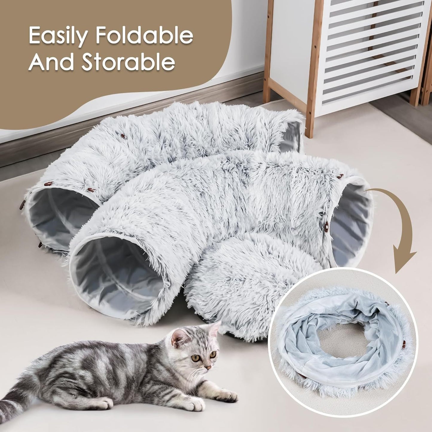 Cat Tunnel Bed For Indoor Cats Peekaboo Cat Cave With Washable Soft Play Mat Furry Cat Tube For Kitten Puppy Rabbit Grey