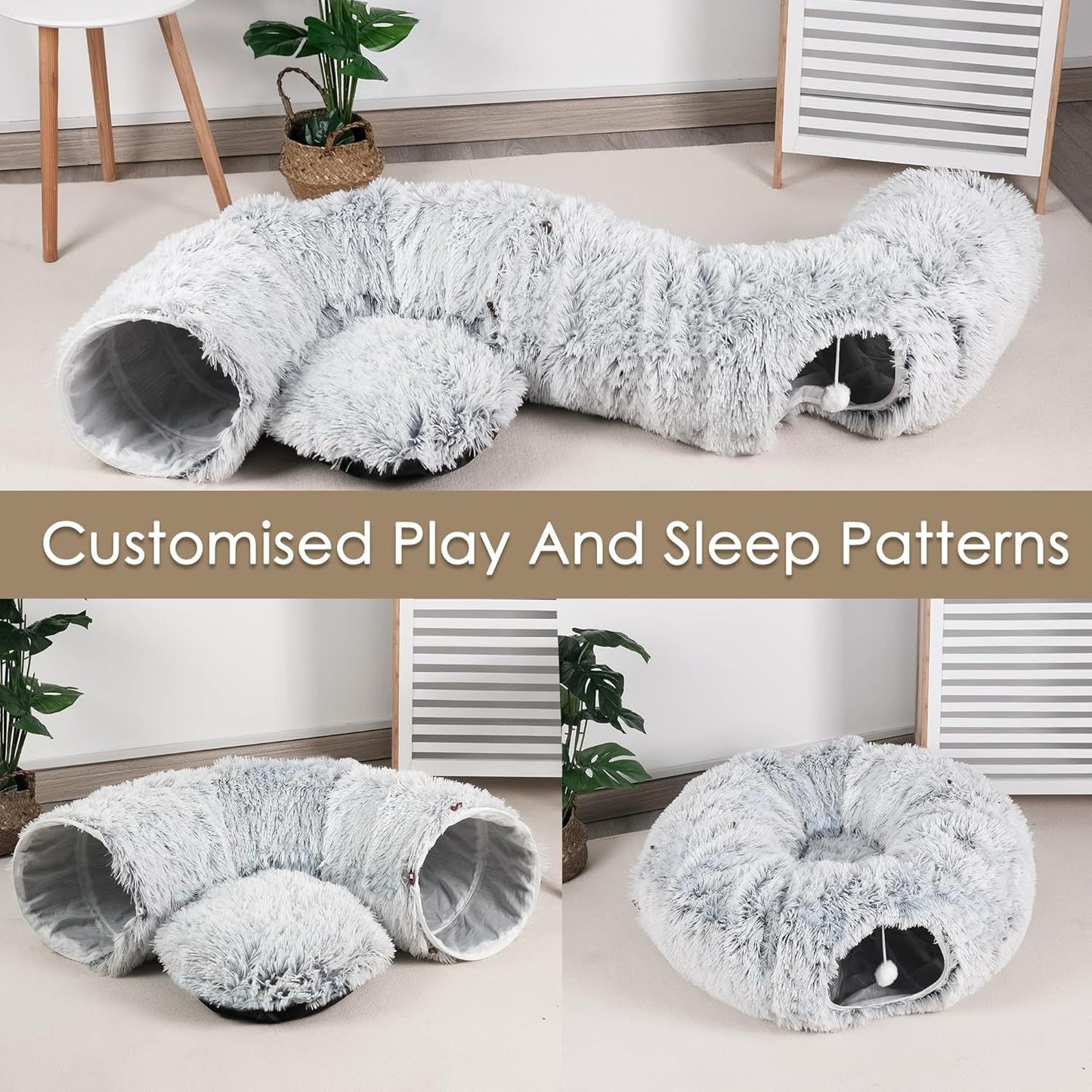 Cat Tunnel Bed For Indoor Cats Peekaboo Cat Cave With Washable Soft Play Mat Furry Cat Tube For Kitten Puppy Rabbit Grey