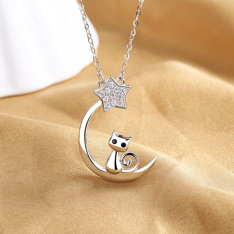 Cute Cat Pendant 925 Silver Clavicle Korean Simple Ins Micro-inlaid Jewelry