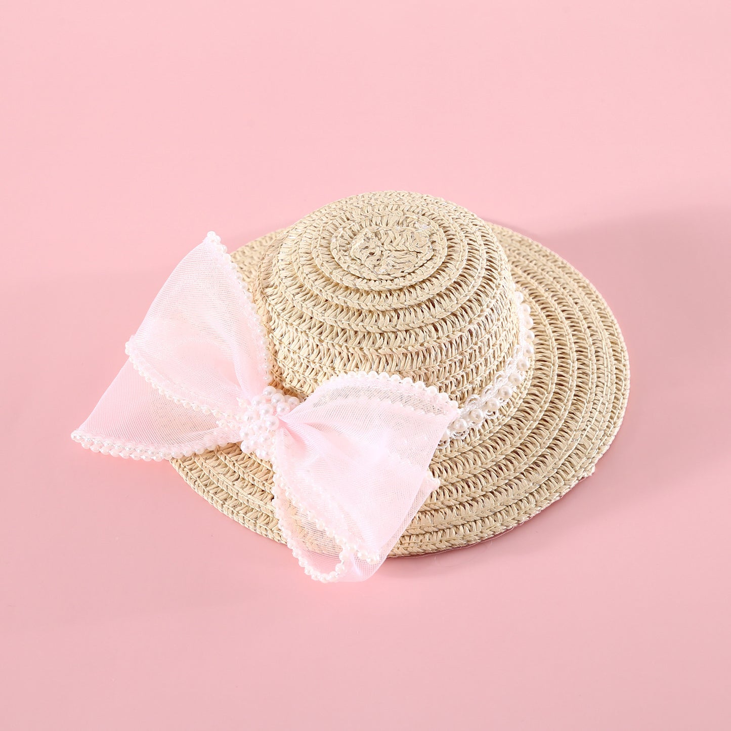 Pet Cat Lady Straw Hat Pearl Bow Woven