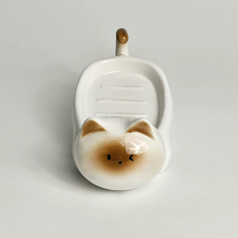 Cat Ceramic Soap Dish Water Storage Platform